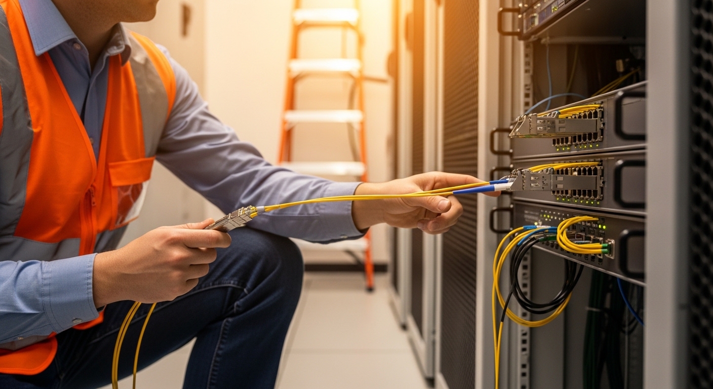 Lifestyle scene of a field engineer kneeling in a server room, holding a fiber optic patch cable and pointing at a switch por