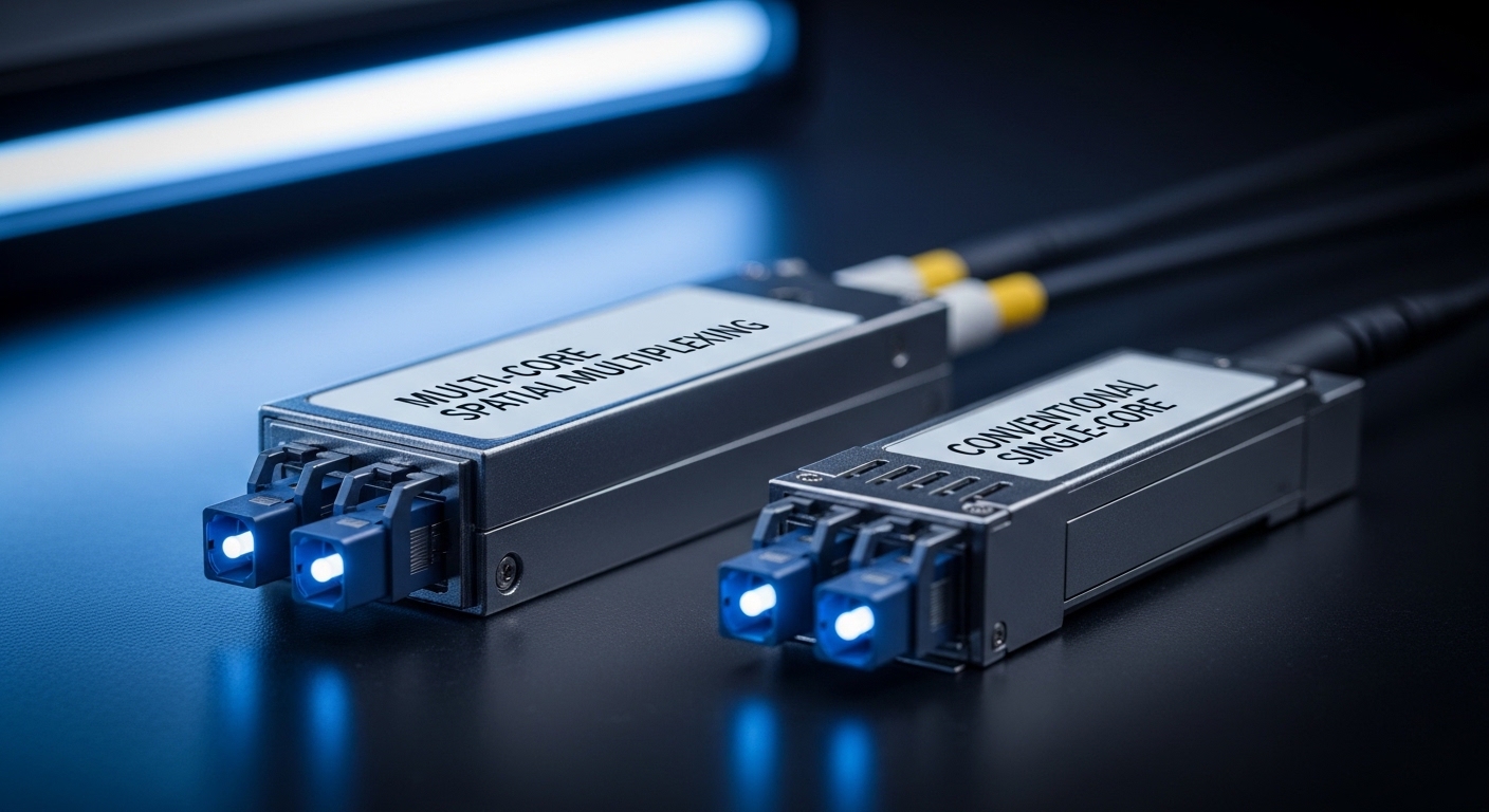 Macro product photography of two fiber optic transceivers on a dark lab bench, one labeled for multi-core spatial multiplexin