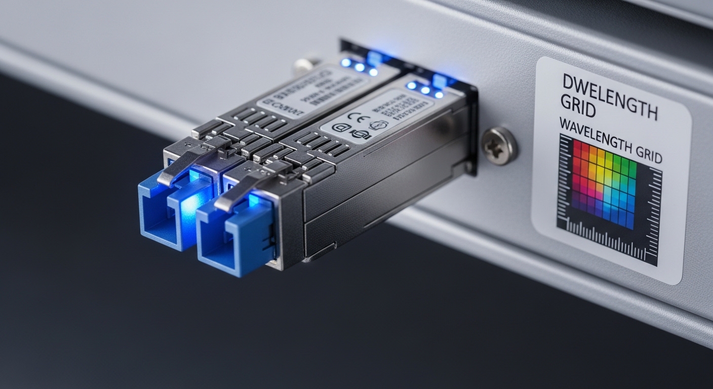 Macro photography of a fiber optic transceiver module labeled with generic vendor branding, inserted into a DWDM shelf port; 