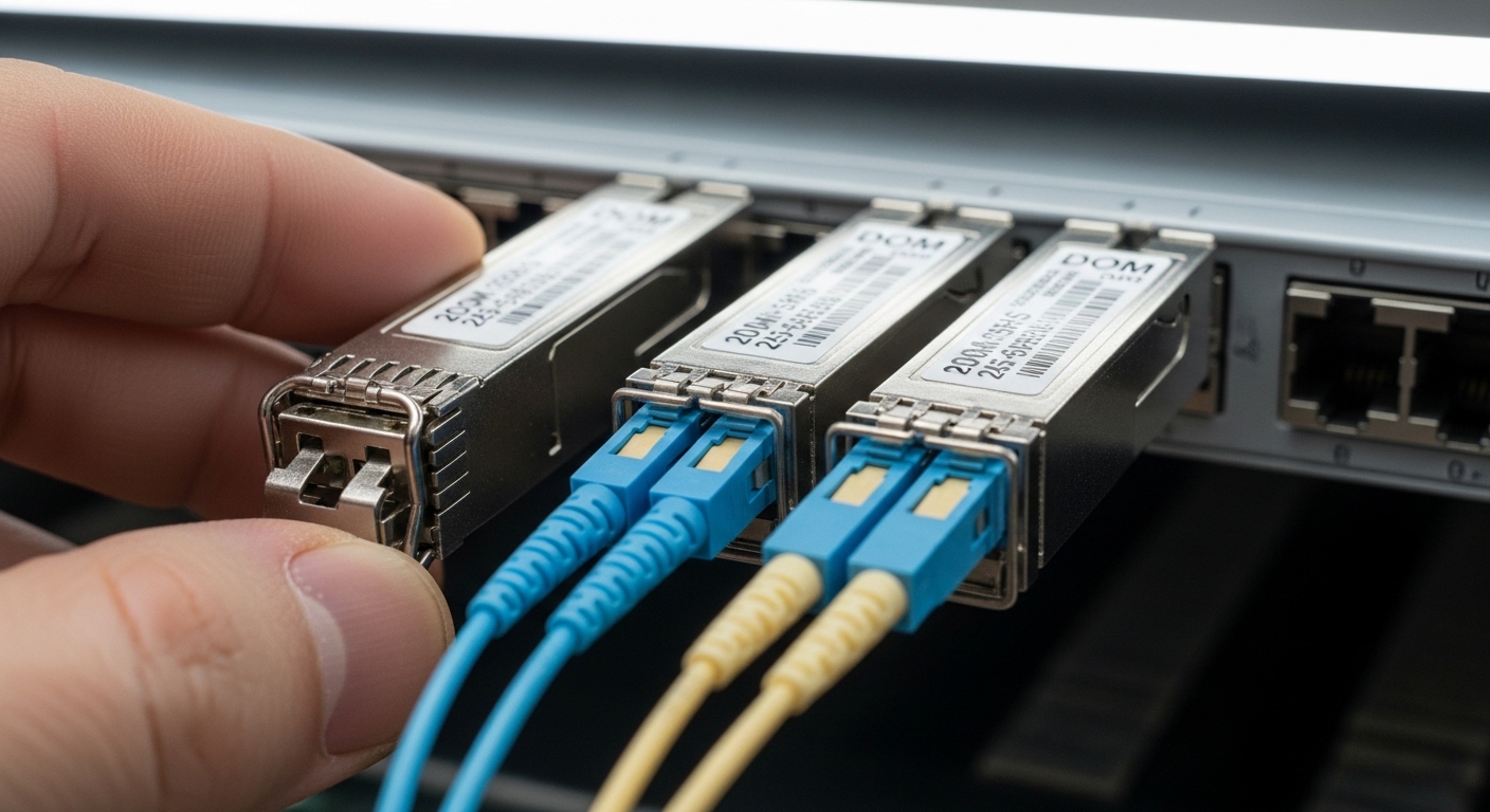 Close-up photography of two installed 25G optical transceivers with LC fiber connectors in a rack-mounted Ethernet switch, sh