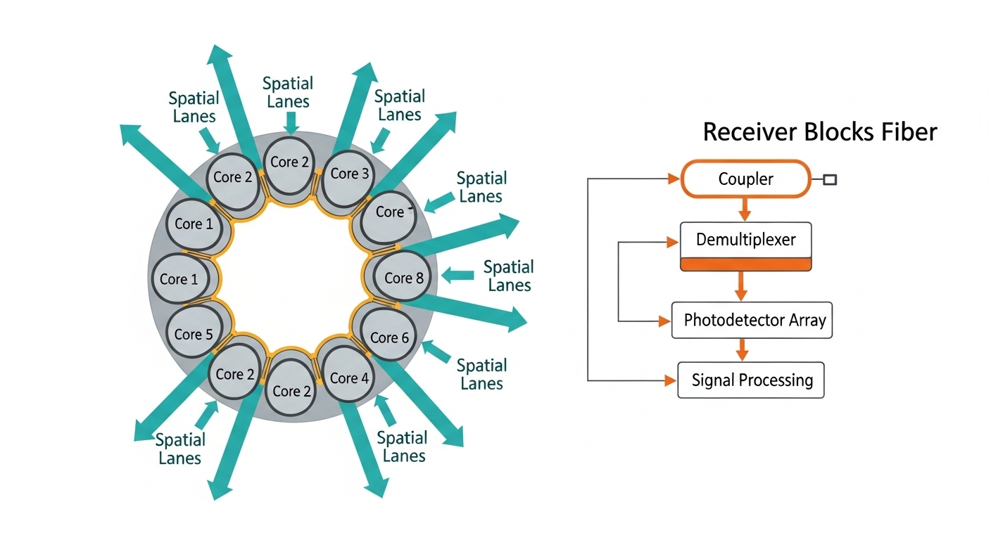 Cleanroom-style illustration showing a cross-section of a multi-core fiber with labeled cores and arrows indicating spatial l