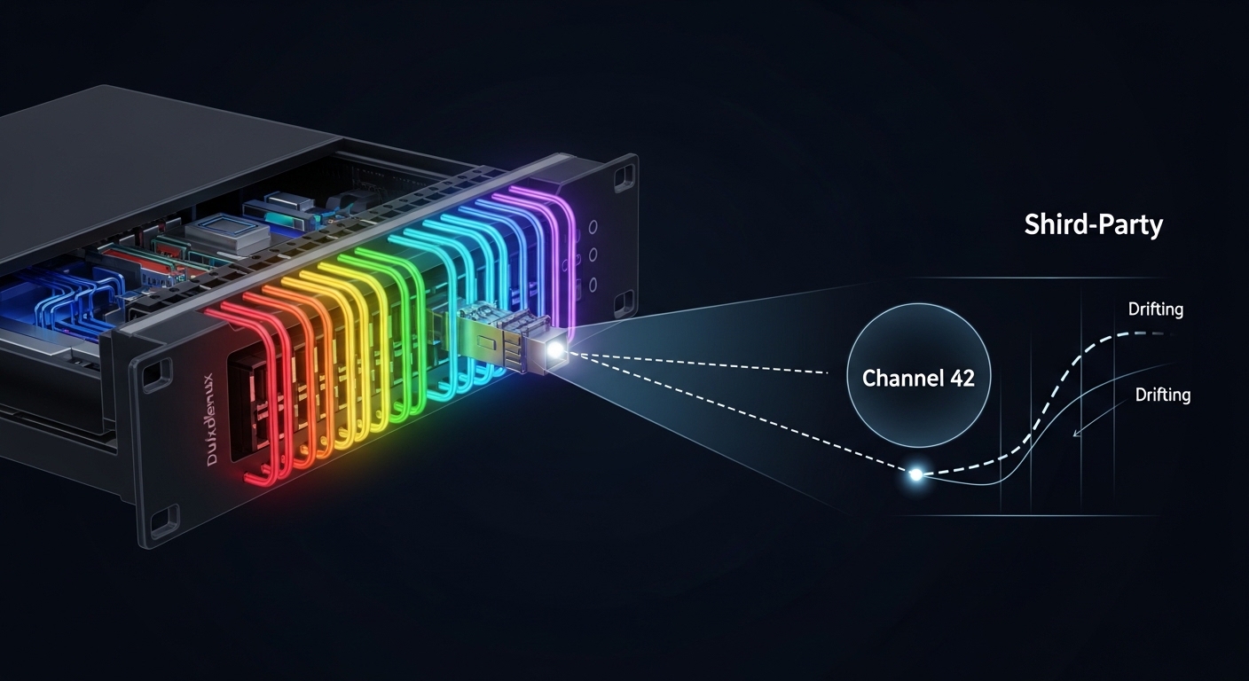 Concept illustration showing a DWDM mux/demux with a wavelength grid; a third-party SFP beam labeled at a specific channel ce