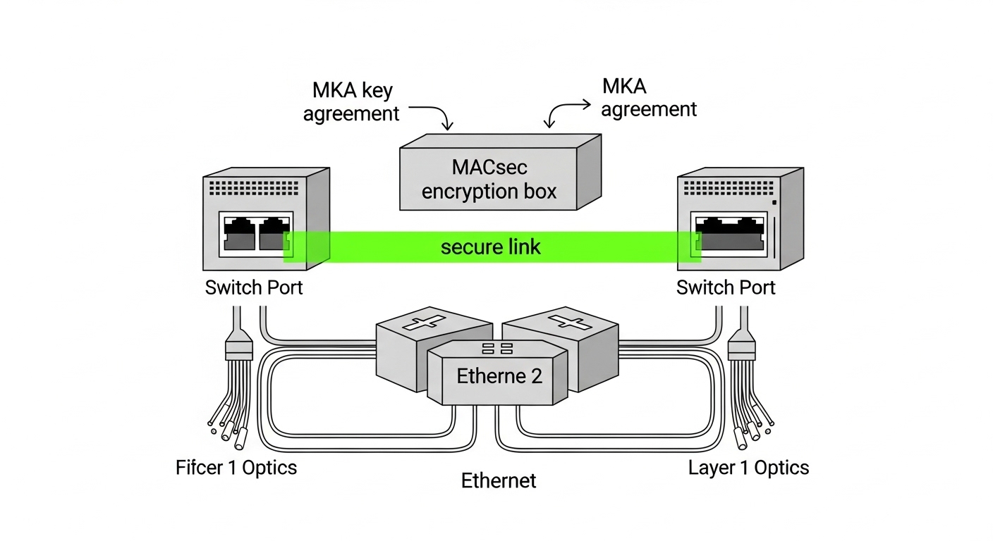 Vector illustration concept art showing a layered network stack (Layer 1 optics, Layer 2 Ethernet, MACsec encryption box, MKA