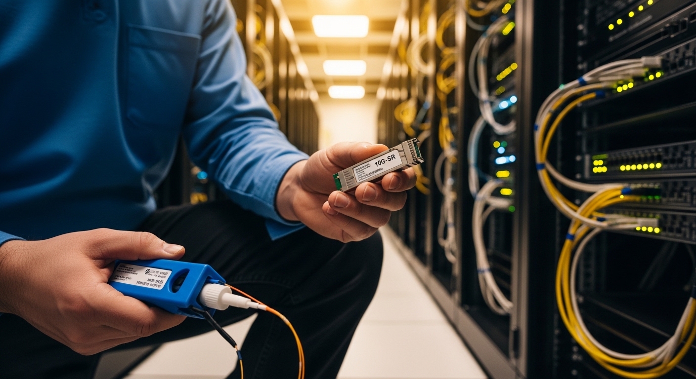 Lifestyle scene of an on-site network technician kneeling in a server room aisle, holding a labeled SFP module and a fiber cl