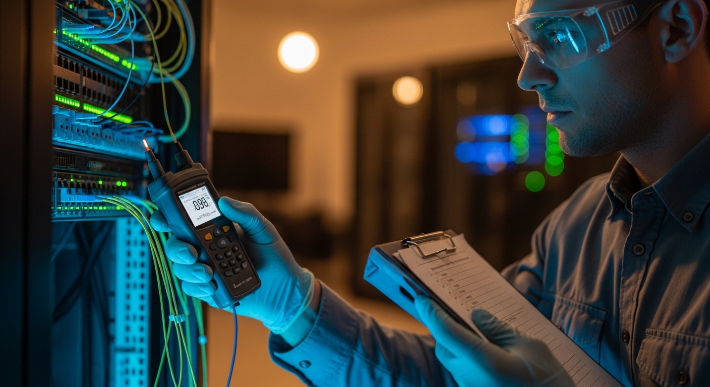 Lifestyle scene with a network field engineer wearing PPE and using a handheld optical power meter at the end of a fiber patc