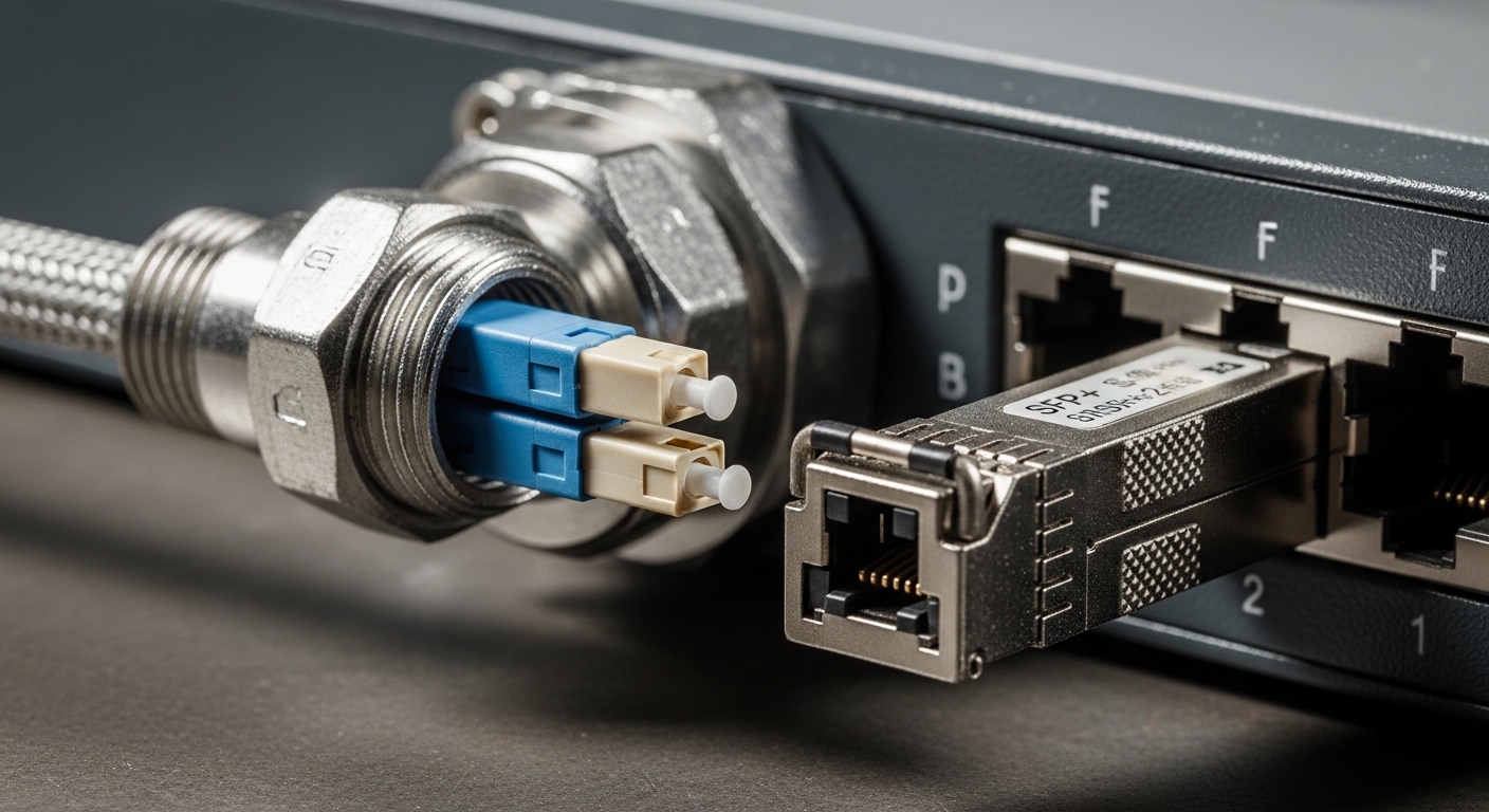 A macro photography scene of an armored duplex fiber optic cable entering a metal industrial cable gland, with two LC connect