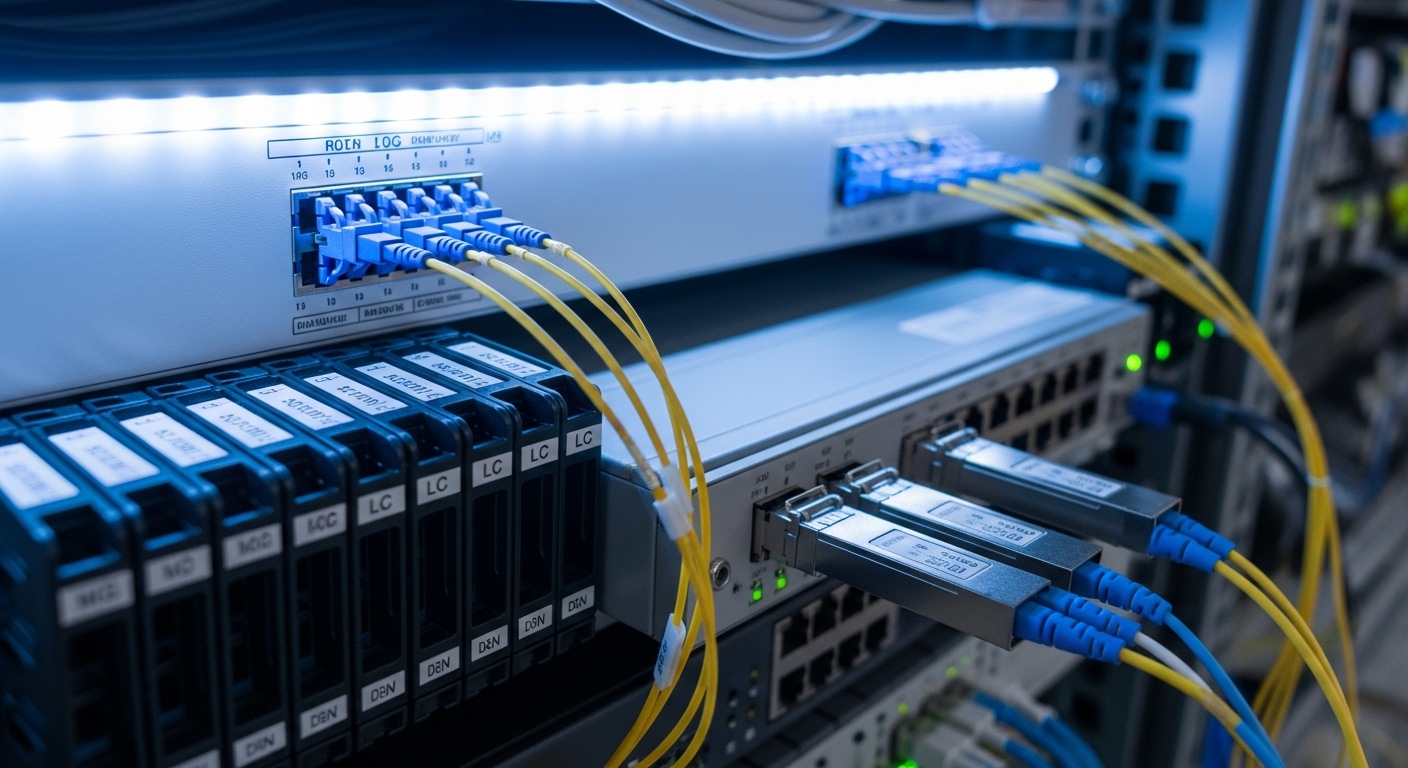 Close-up photography of an LC connector panel inside a telecom riser closet, showing labeled fiber trays and two 10G SFP+ tra
