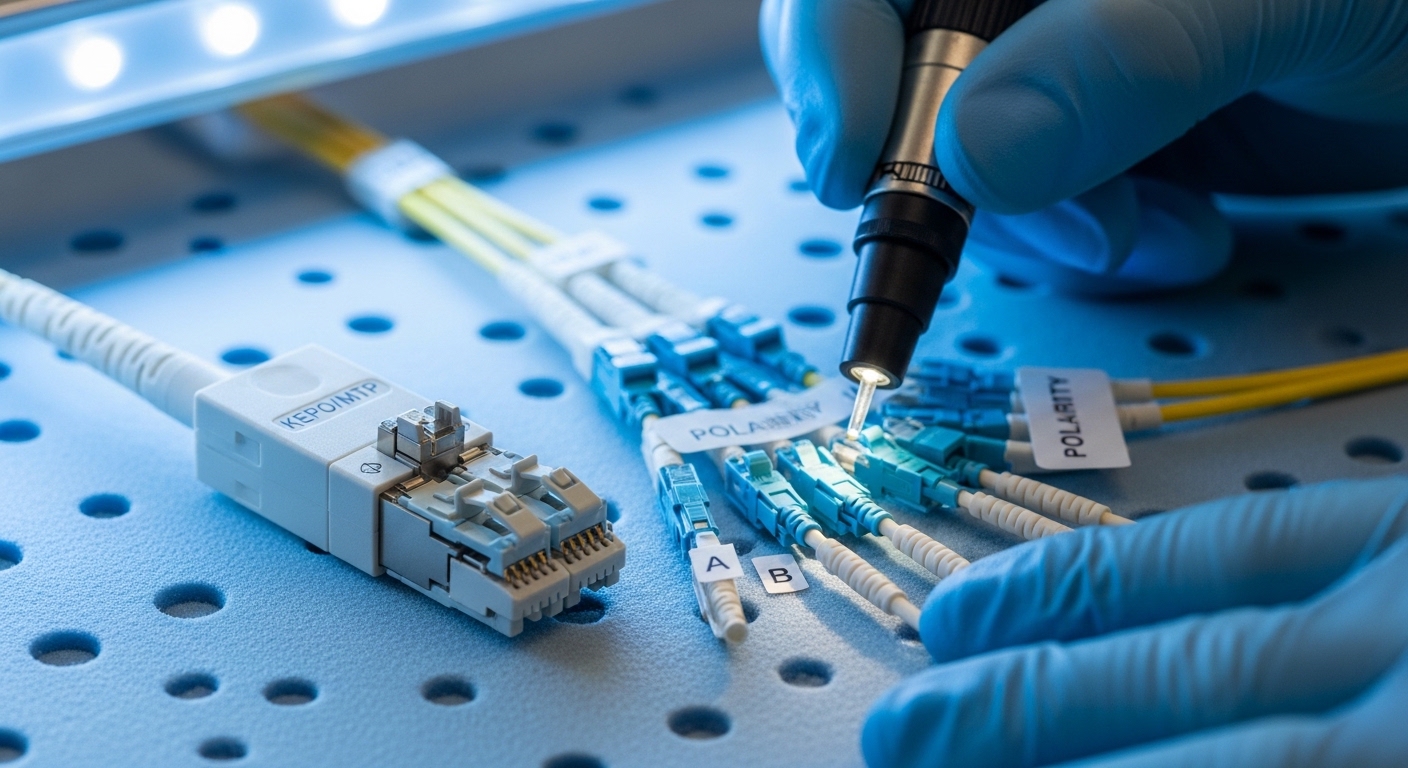 A macro photography scene of a fiber optic breakout assembly on an anti-static mat, showing an MPO/MTP trunk cable end with a