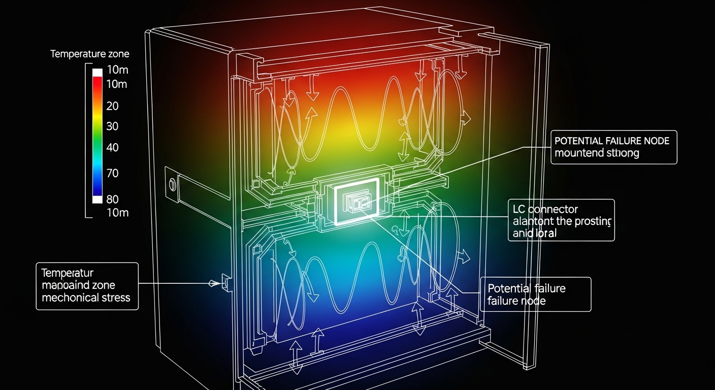 Concept art illustration showing a stylized industrial cabinet cross-section with temperature gradients, vibration arrows, an