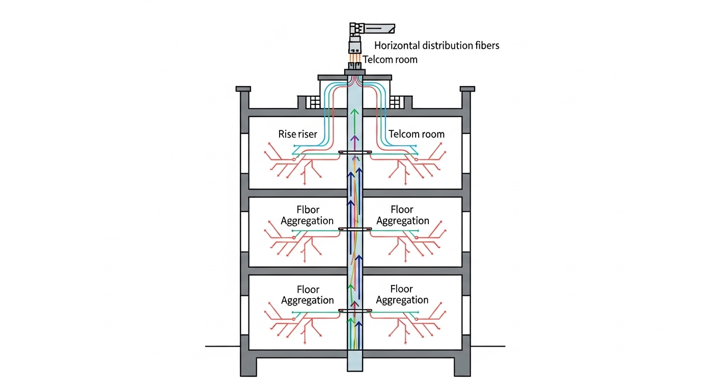 Vector illustration concept art style depicting a vertical building cross-section with three floors, arrows showing vertical 