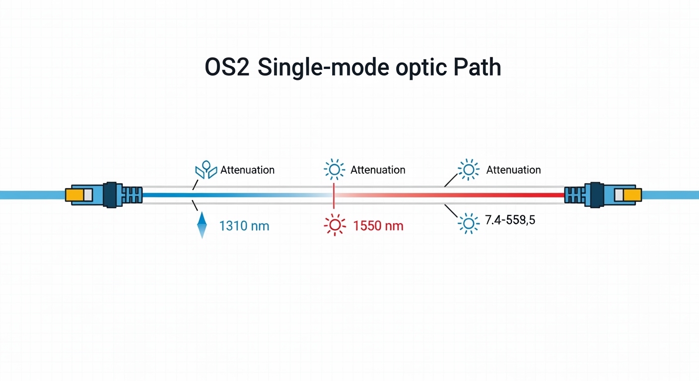 Clean illustration style showing an OS2 single-mode fiber path with LC connectors, color-coded light rays at 1310 nm and 1550