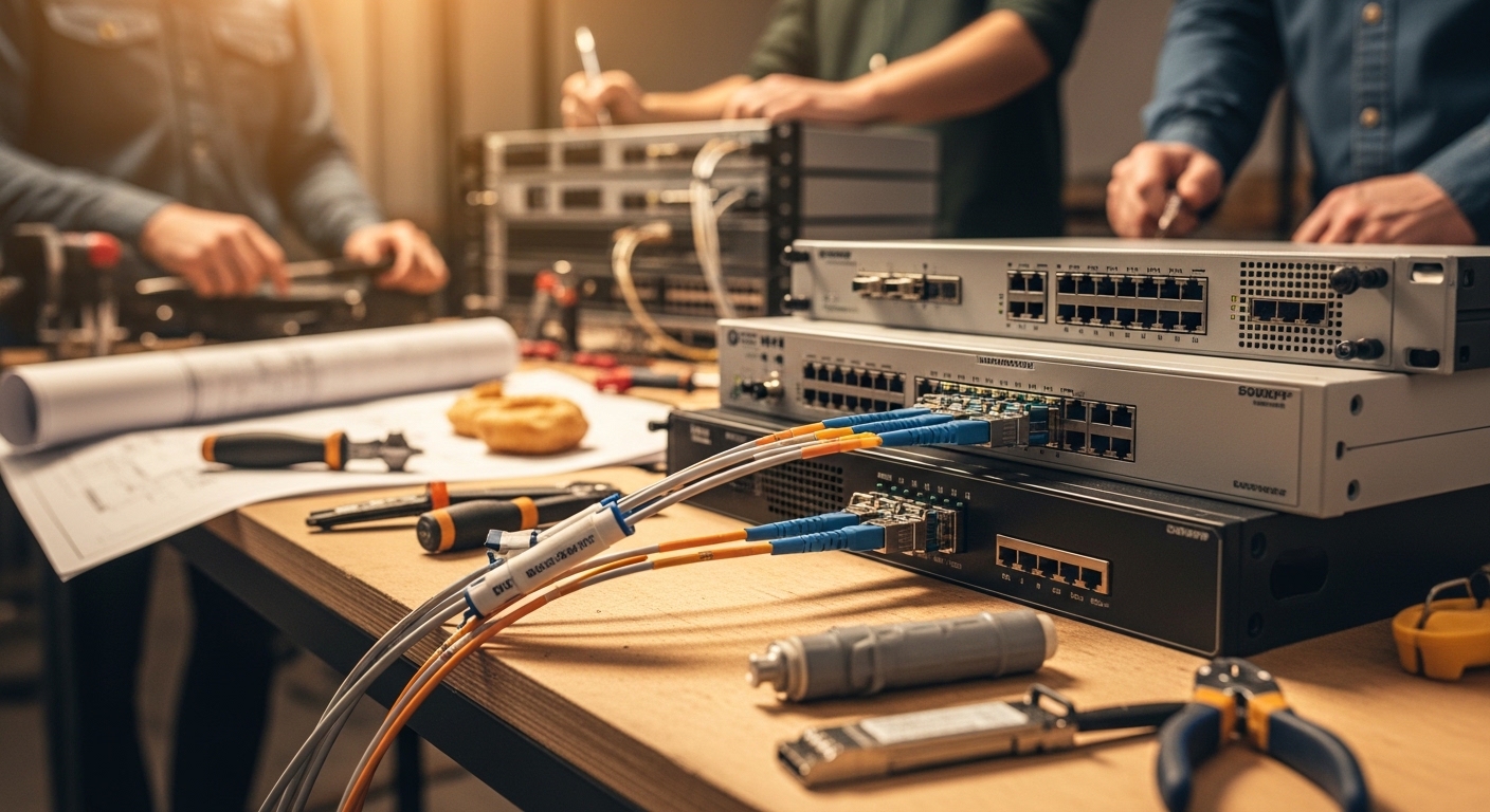 Lifestyle scene featuring armored fiber cable SFP, Armored Fiber Optic Cables for Industrial SFP Deployments, warm ambient li