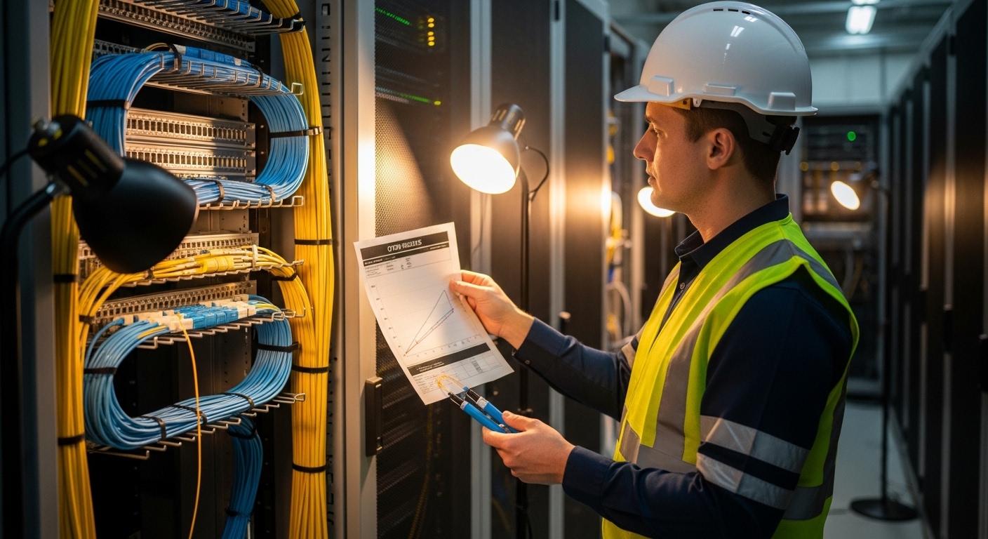 Realistic lifestyle scene in a data center maintenance bay where an engineer in safety vest and hard hat inspects a structure