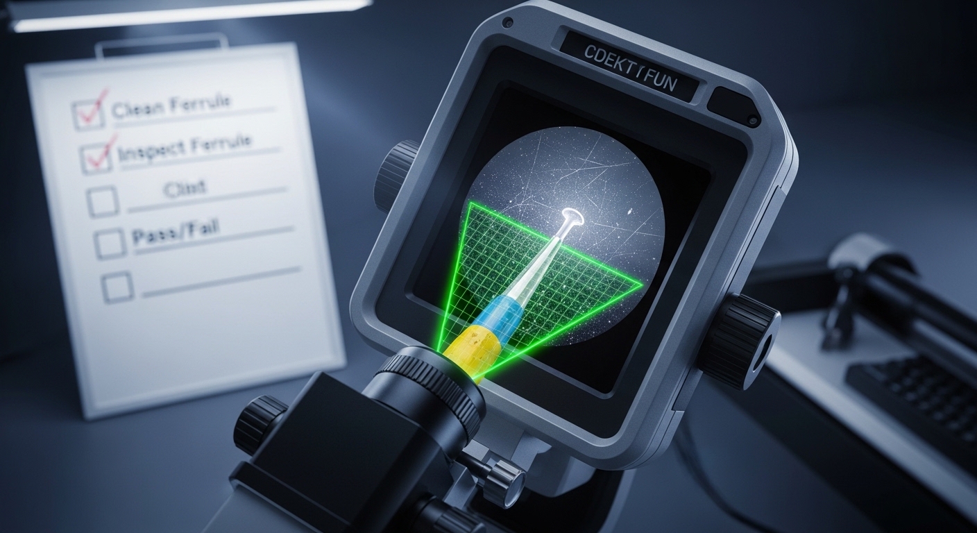 Video-like concept art scene of a handheld fiber inspection microscope focusing on an LC ferrule endface, with a glowing insp