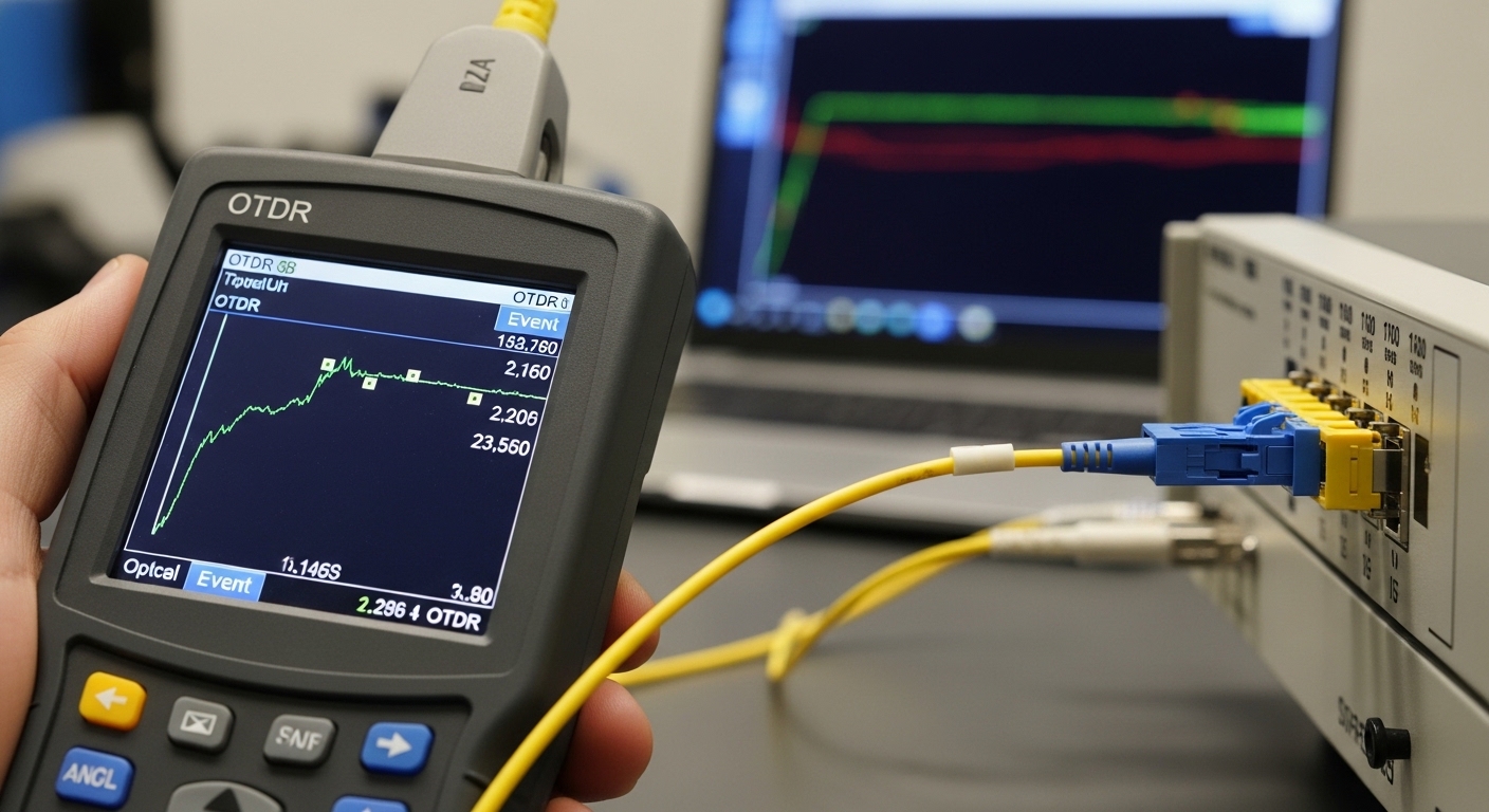 Close-up photography of a handheld OTDR tester connected to a fiber patch panel via a short patch cord, with a laptop screen 