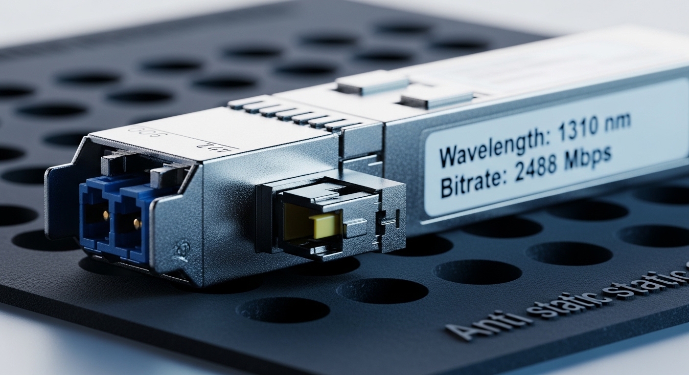 Macro photography of a single-channel OC-48 fiber optic transceiver module on a grounded anti-static mat, showing the metal h