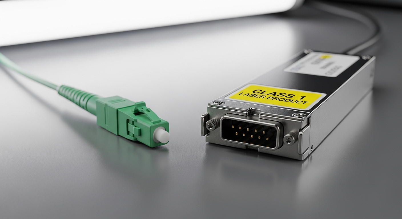 A high-resolution macro photography scene of an LC/UPC fiber connector and a pulled optical transport network transceiver mod