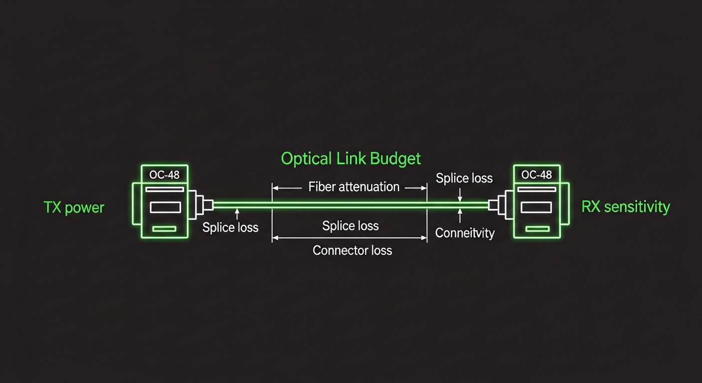 Clean engineering illustration of an optical link budget diagram, with an OC-48 fiber module symbol at each end, labeled TX p