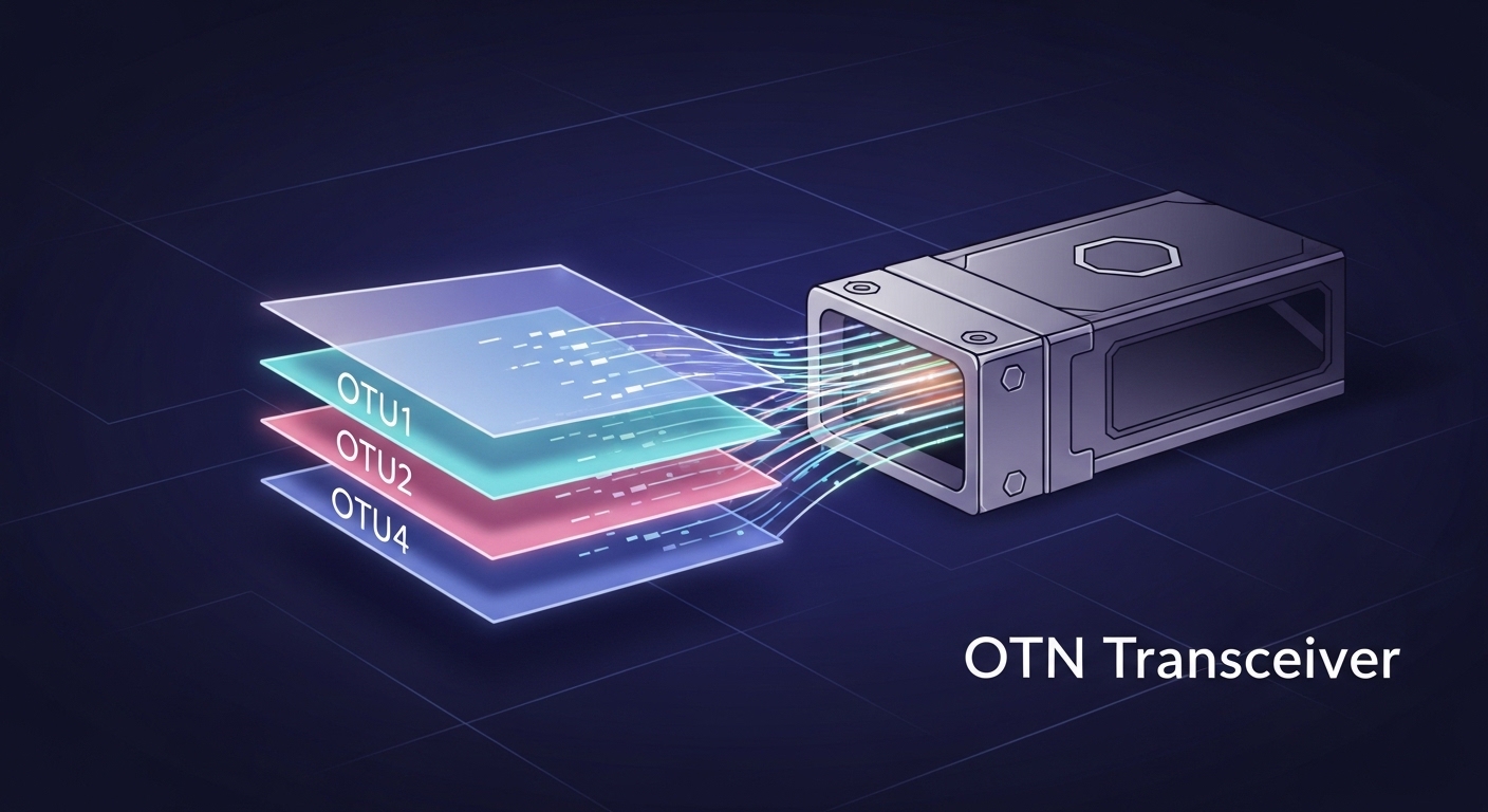 Concept art illustration showing a layered OTN stack (OTU1, OTU2, OTU4) flowing into a stylized optical transport network tra