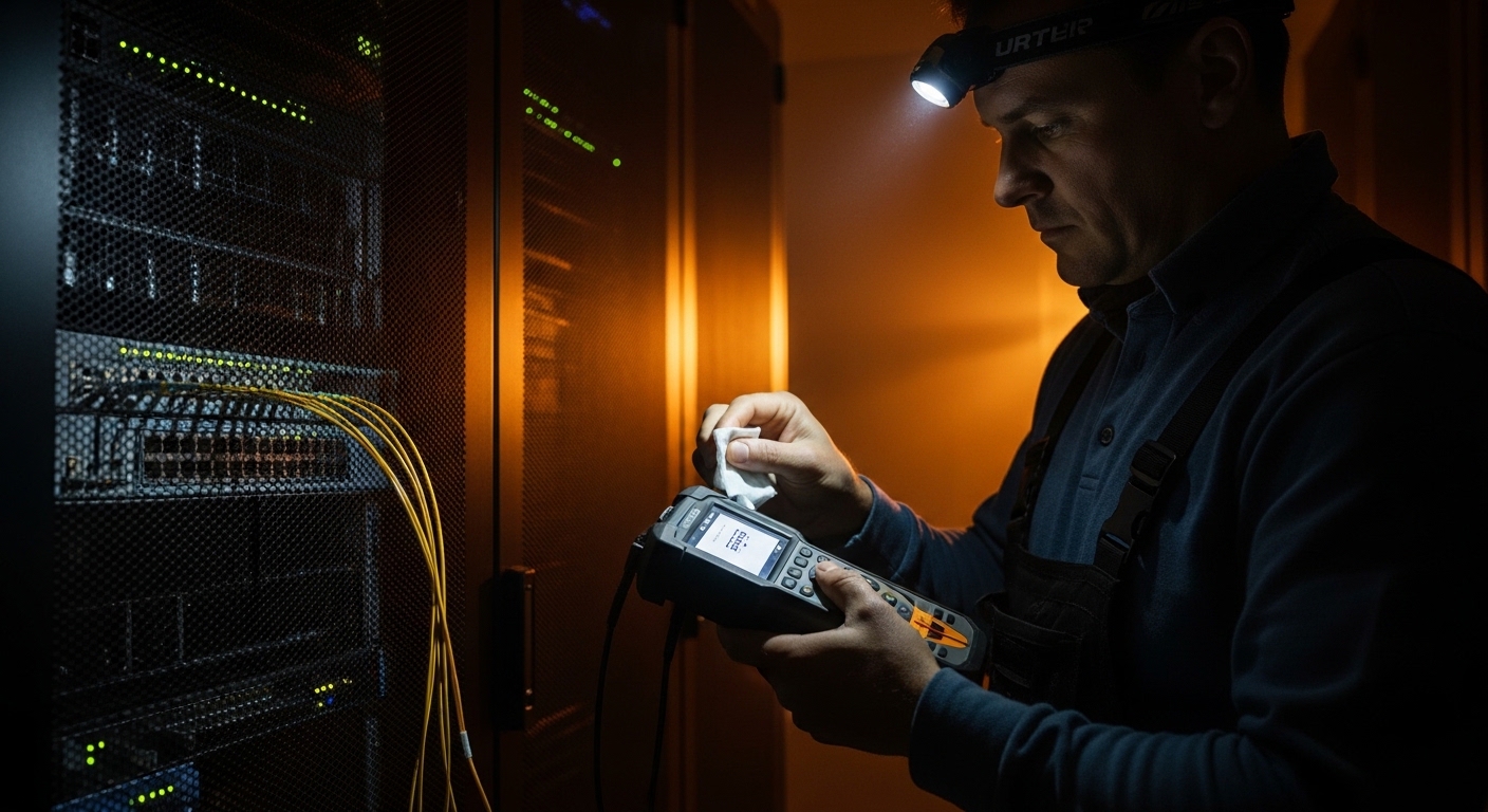 Lifestyle scene in a server room at night, showing a field engineer holding a rugged OTDR and wiping LC connectors with lint-