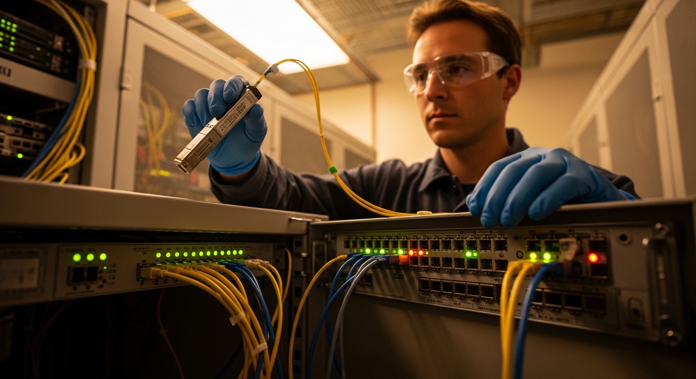 Lifestyle-style scene in a data center equipment room: a field engineer wearing PPE holds a fiber transceiver by the handle a