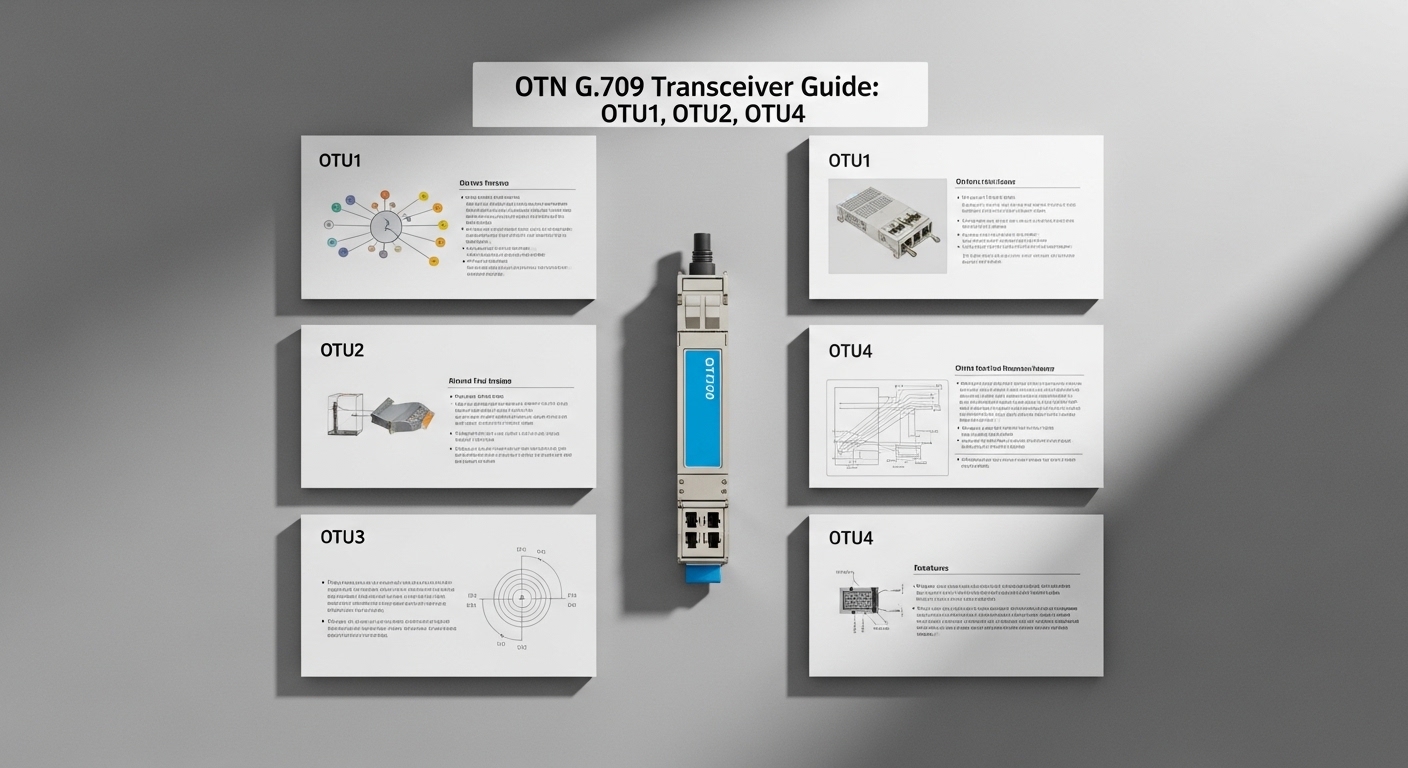 Overhead flat-lay composition of optical transport network transceiver, OTN G.709 Transceiver Guide: OTU1, OTU2, OTU4, styled