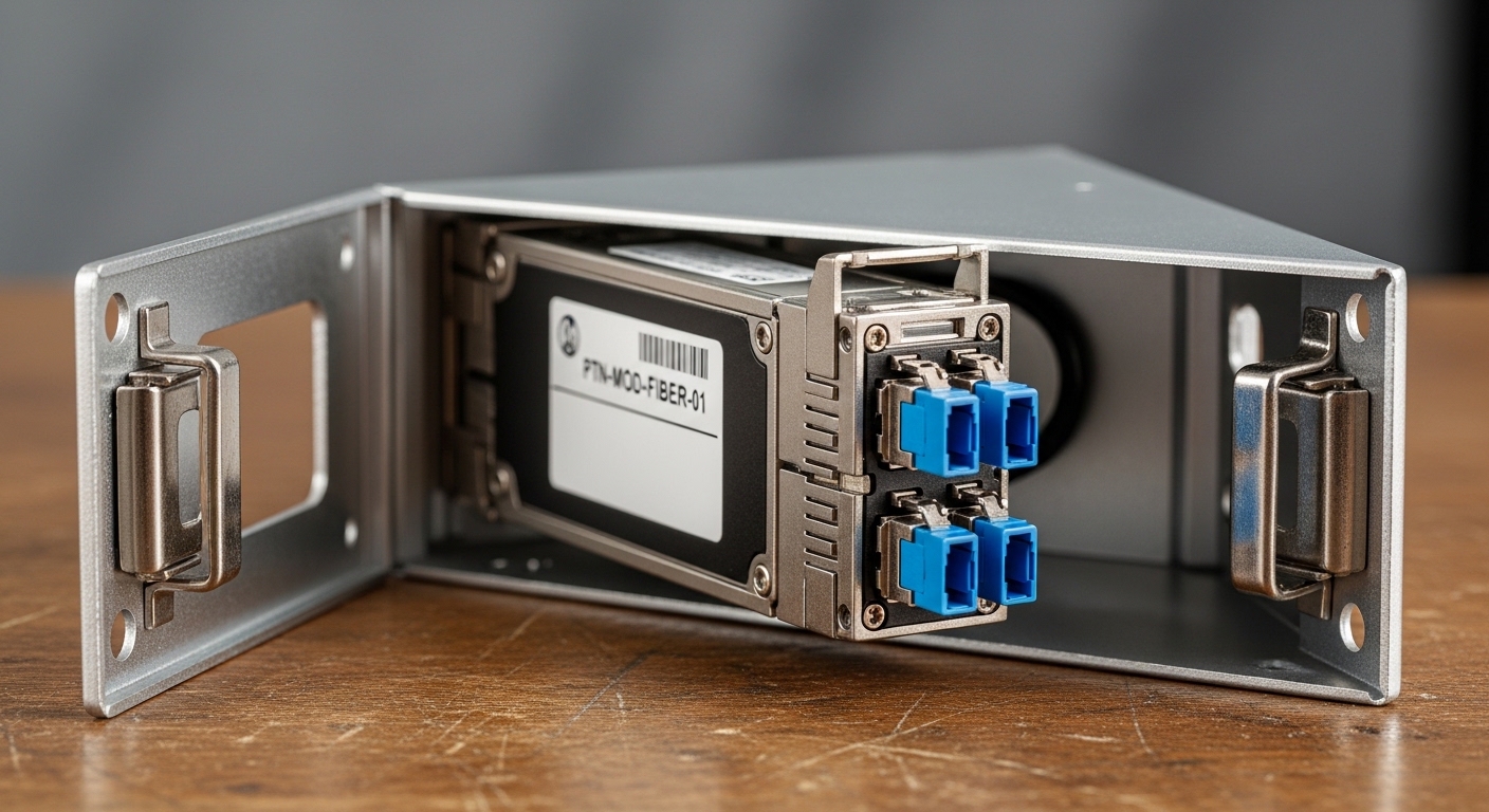 A macro photography scene of an open fiber transceiver cage on a bench, showing a PTN fiber module with LC connectors and a v