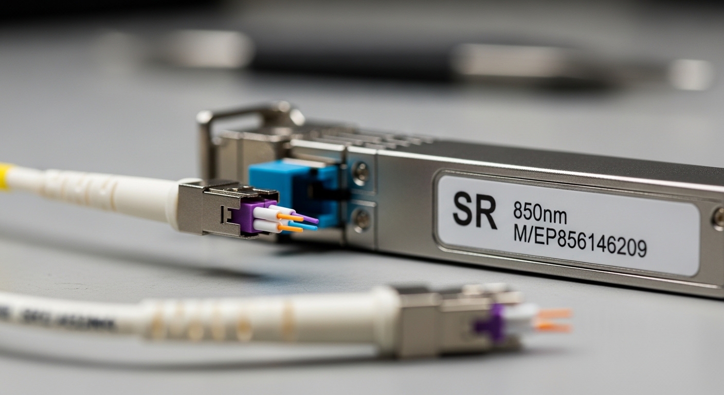 Macro photography of a 850 nm multimode fiber patch cable and an SR transceiver module on a workbench, showing the transceive