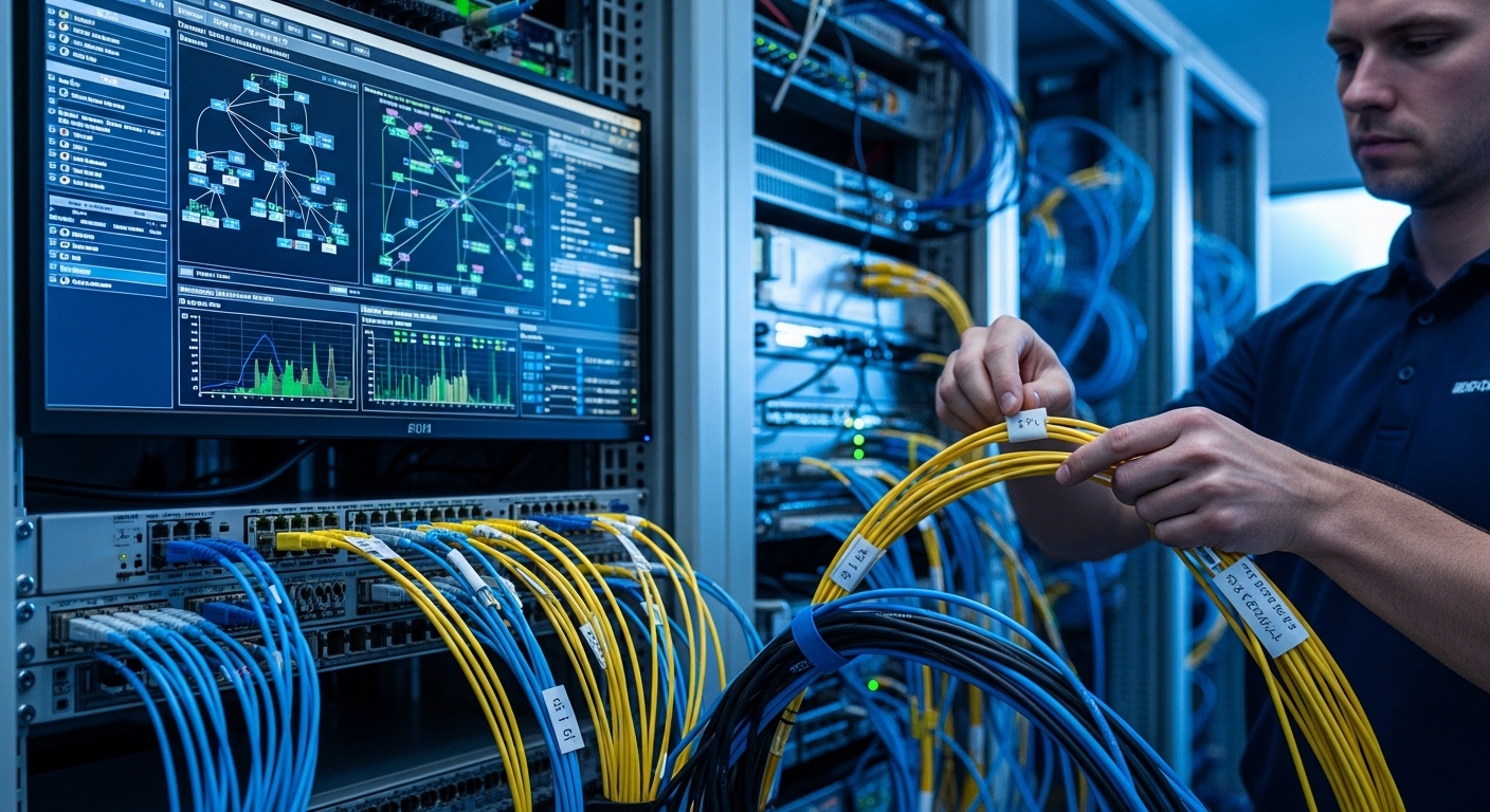 Photorealistic close-up of a transport SDN controller rack in a network operations center, showing an optics management scree