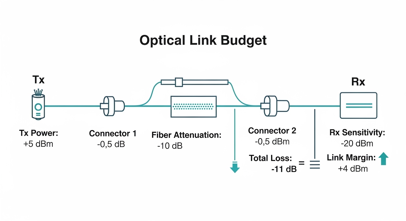 Clean vector-style illustration comparing optical link budget components (Tx power, fiber attenuation, connectors, Rx sensiti