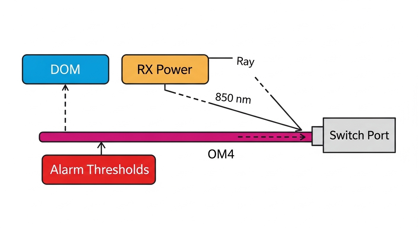 Clean vector illustration of a PTN fiber module diagram, showing wavelength 850 nm ray paths through OM4 fiber to a switch po