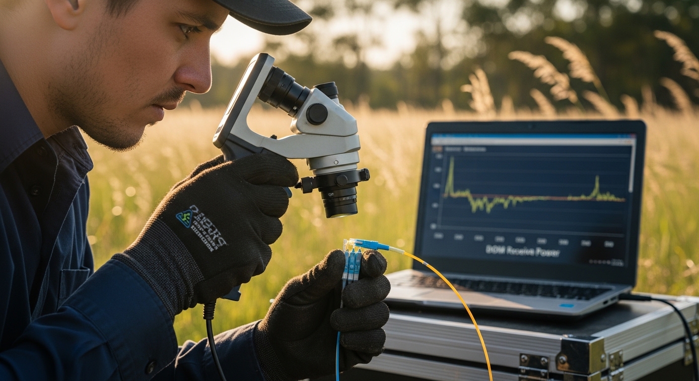 Lifestyle scene of a field engineer wearing gloves using a fiber inspection microscope on an LC connector, with a laptop show