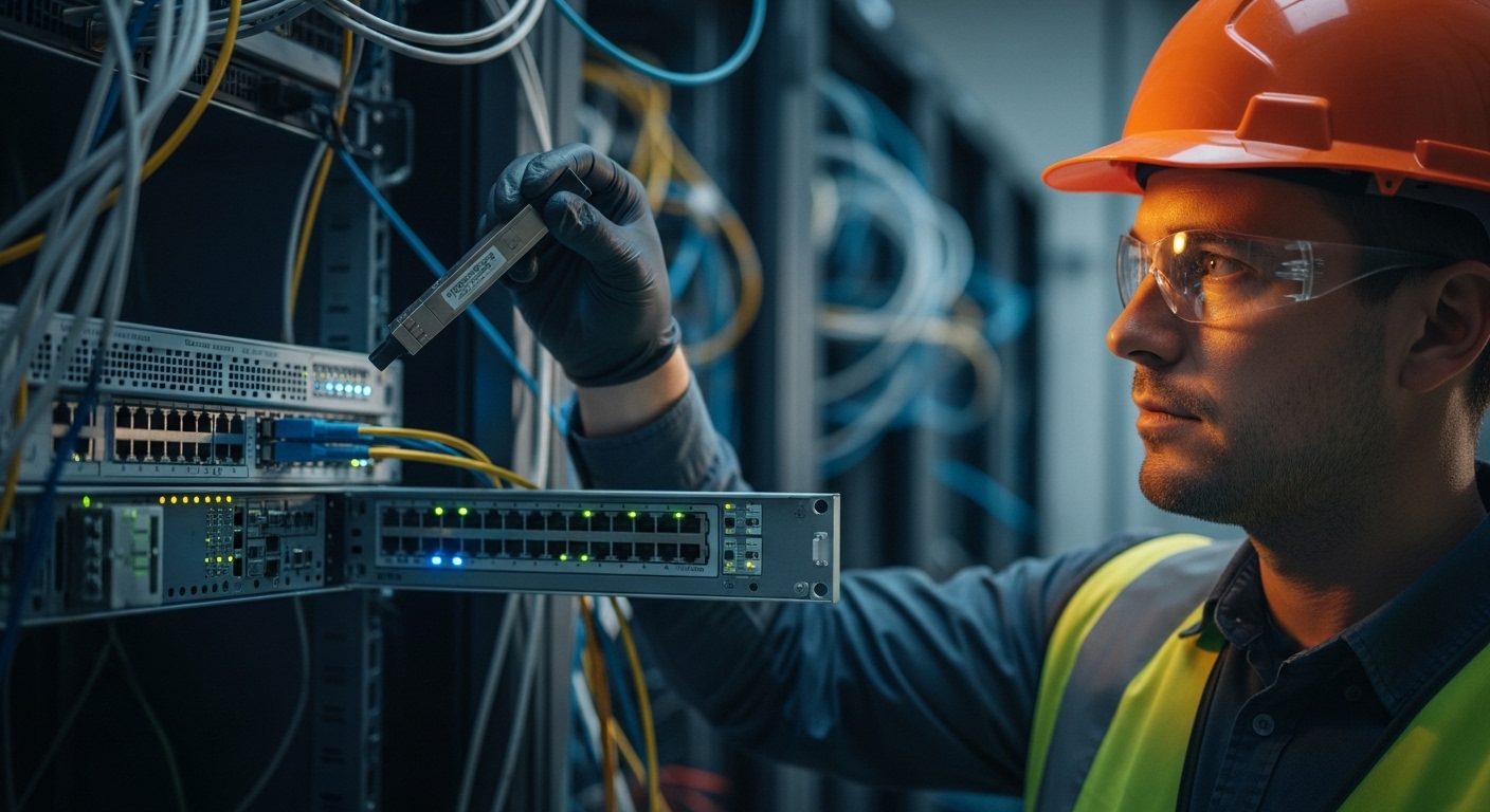 Lifestyle-style photo of a network field engineer wearing PPE in a server room, holding a QSFP28 transceiver above an open sw