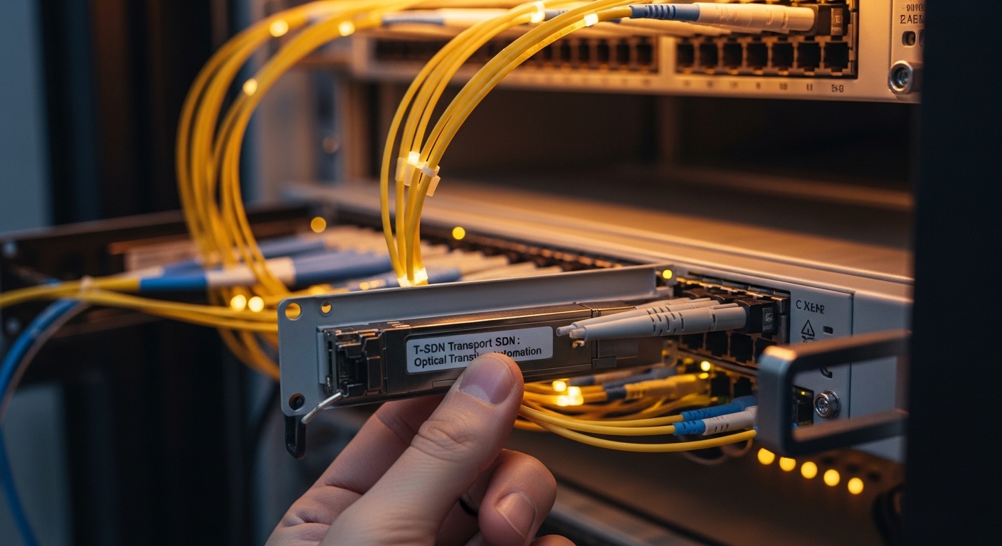 Lifestyle scene featuring transport SDN fiber, T-SDN Transport SDN: Optical Transceiver Automation, warm ambient light, candi