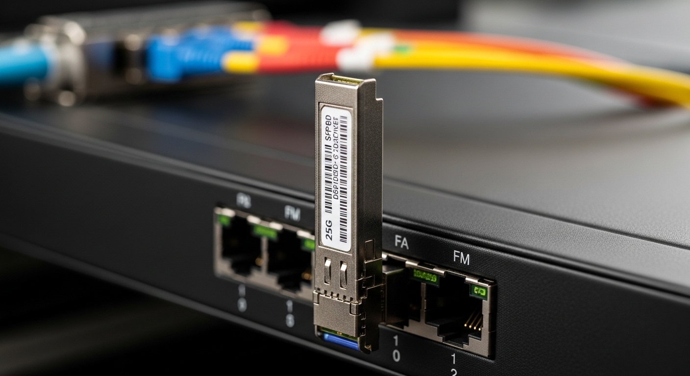 Macro photography of a 25G SFP-DD (double density SFP) transceiver inserted into a black high-density switch port, showing th