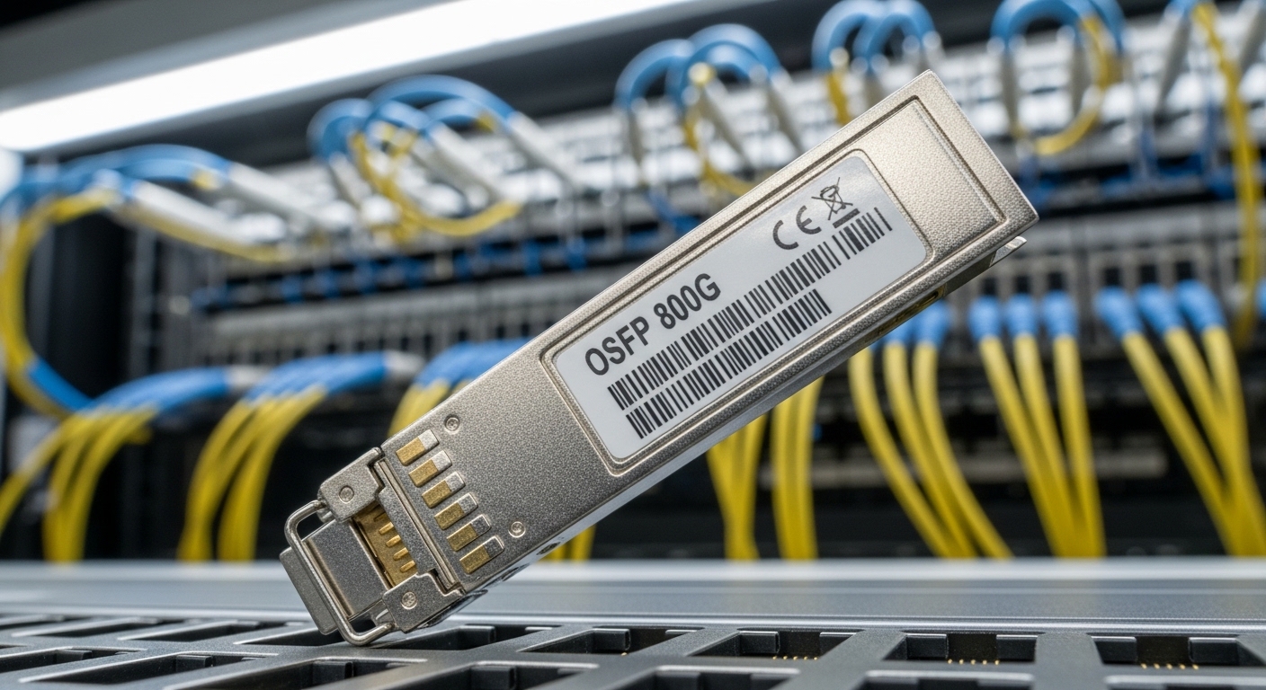 A high-resolution close-up photography of an OSFP 800G transceiver module seated in a dense AI switch port, shot at a slight 