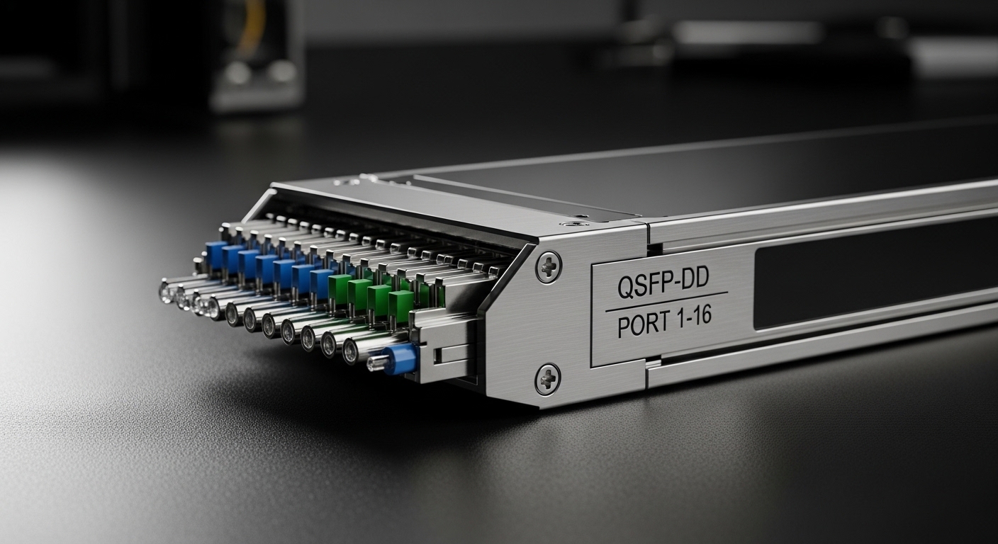 Ultra-realistic macro photography of a high-density optical transceiver cage on a dark bench, showing a partially removed bez