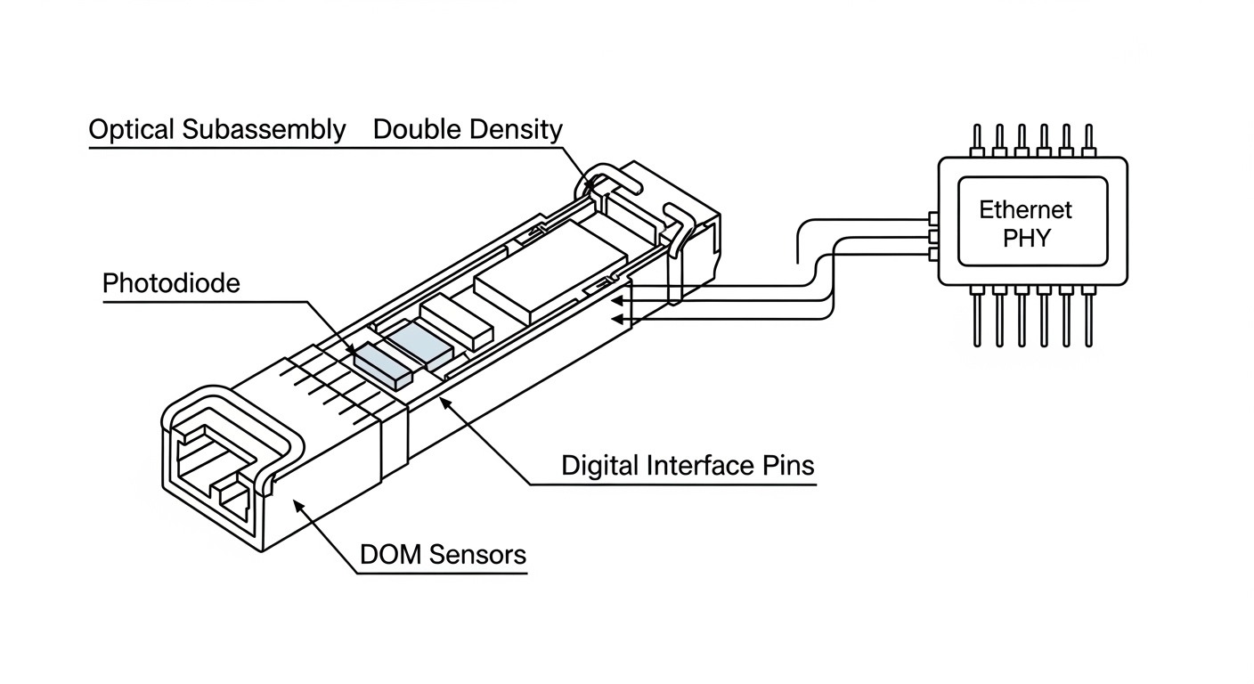 Clean line-art illustration showing an SFP-DD double density transceiver cross-section with labeled components (optical subas