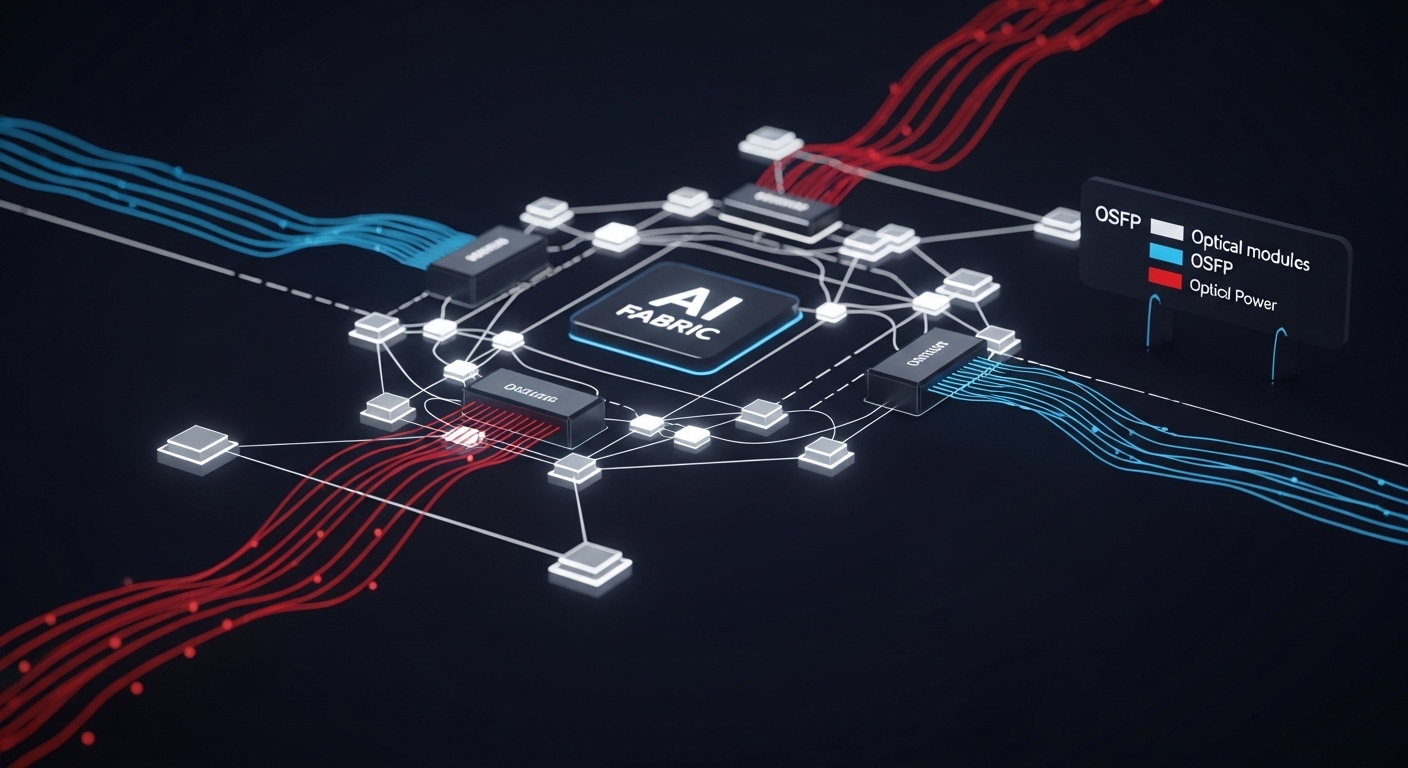 Concept art illustration showing an AI fabric as a network of glowing nodes and links, with OSFP modules represented as small
