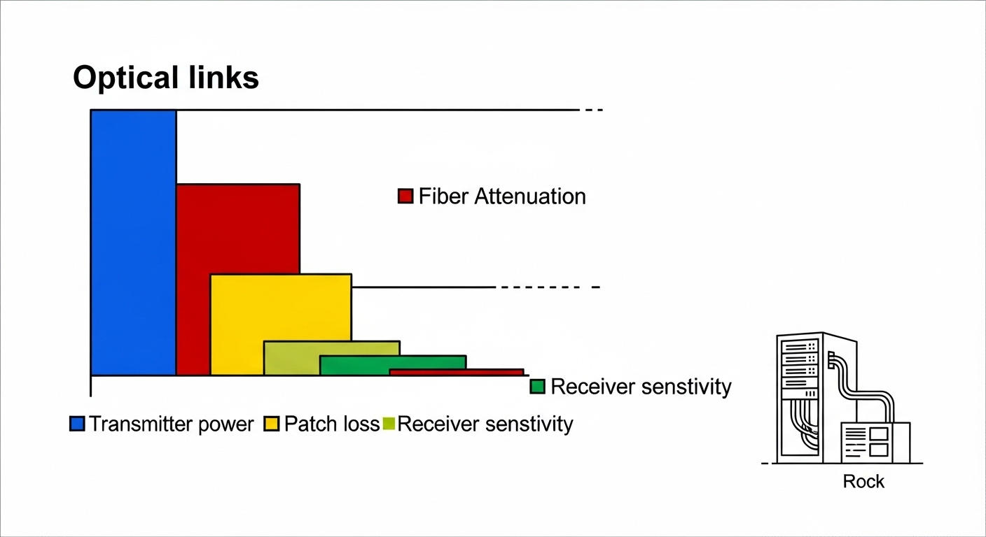 Clean vector illustration comparing optical link budgets, with colored bars for transmitter power, fiber attenuation, patch l
