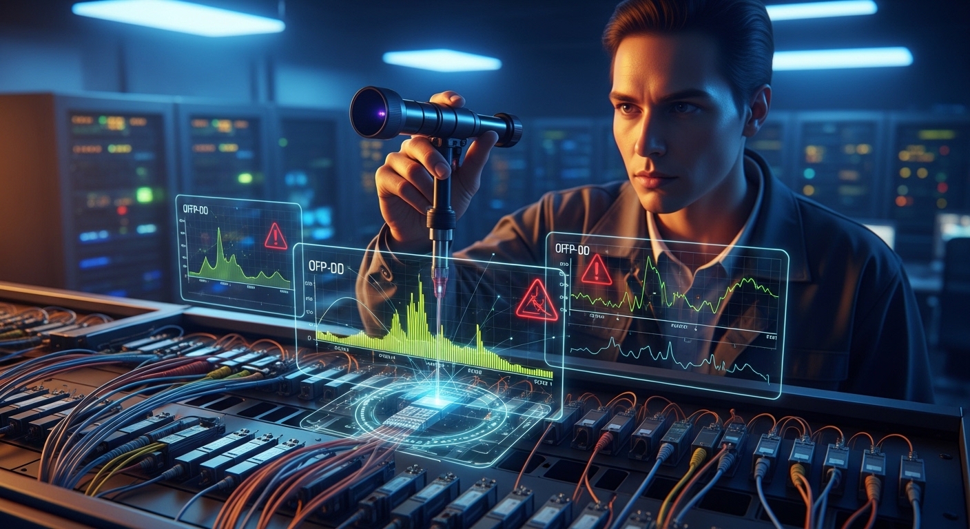 Concept art style scene of a network NOC engineer holding a fiber scope above a patch panel, with translucent overlays showin