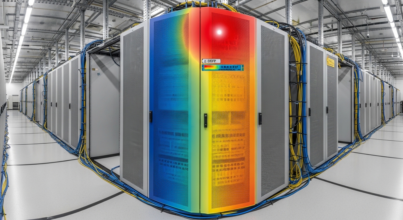 Photography of a datacenter aisle with thermal camera overlay colors on a rack front, highlighting a hot spot near an OSFP sw