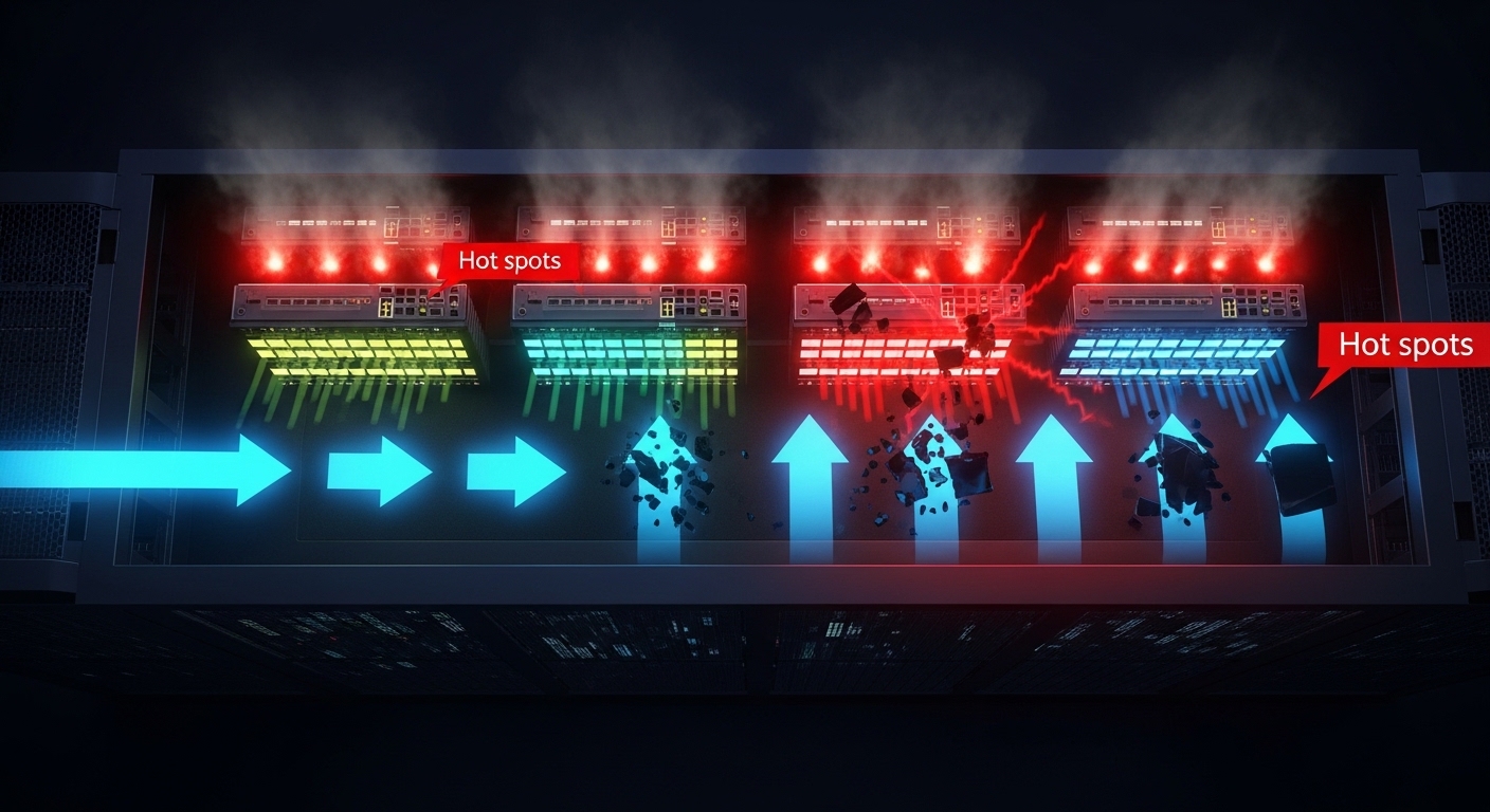 Concept art of a data center rack viewed from above, with airflow arrows, hot spots highlighted in red, and transceiver modul