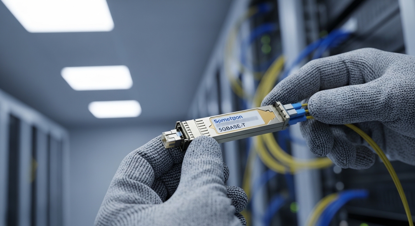 A macro photography scene of a technician in a clean server room holding a 5GBASE-T to fiber transceiver module with visible 