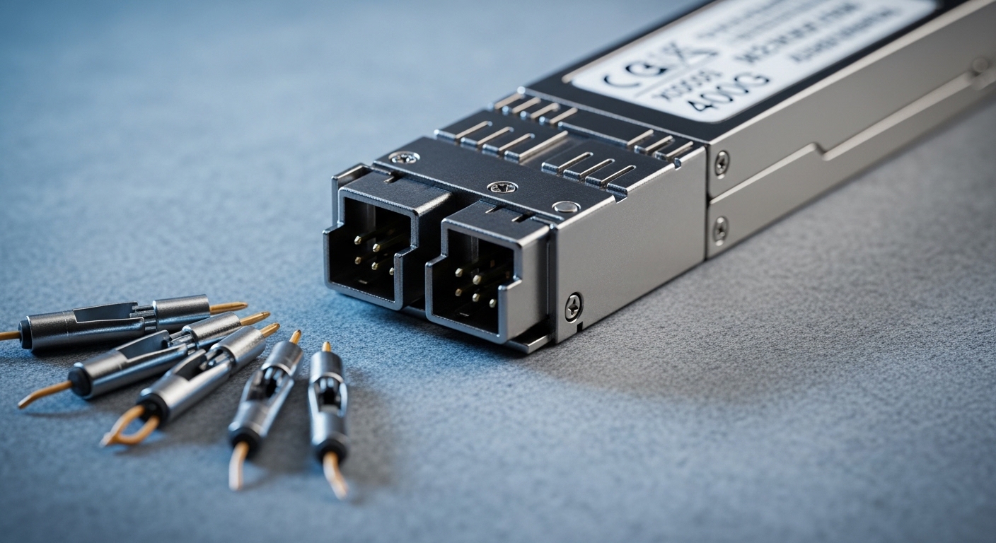 Macro photography of a 400G optical transceiver module on an antistatic mat, connector pins visible, fiber ferrules in foregr