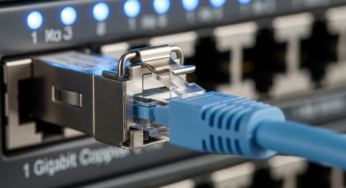 Close-up photography of an RJ45 SFP copper transceiver inserted into a 1G switch SFP cage, showing the metal latch, RJ45 port