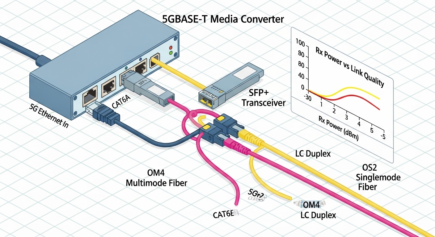 An isometric illustration showing a campus network rack with a 5GBASE-T media converter feeding a fiber transceiver, with lab