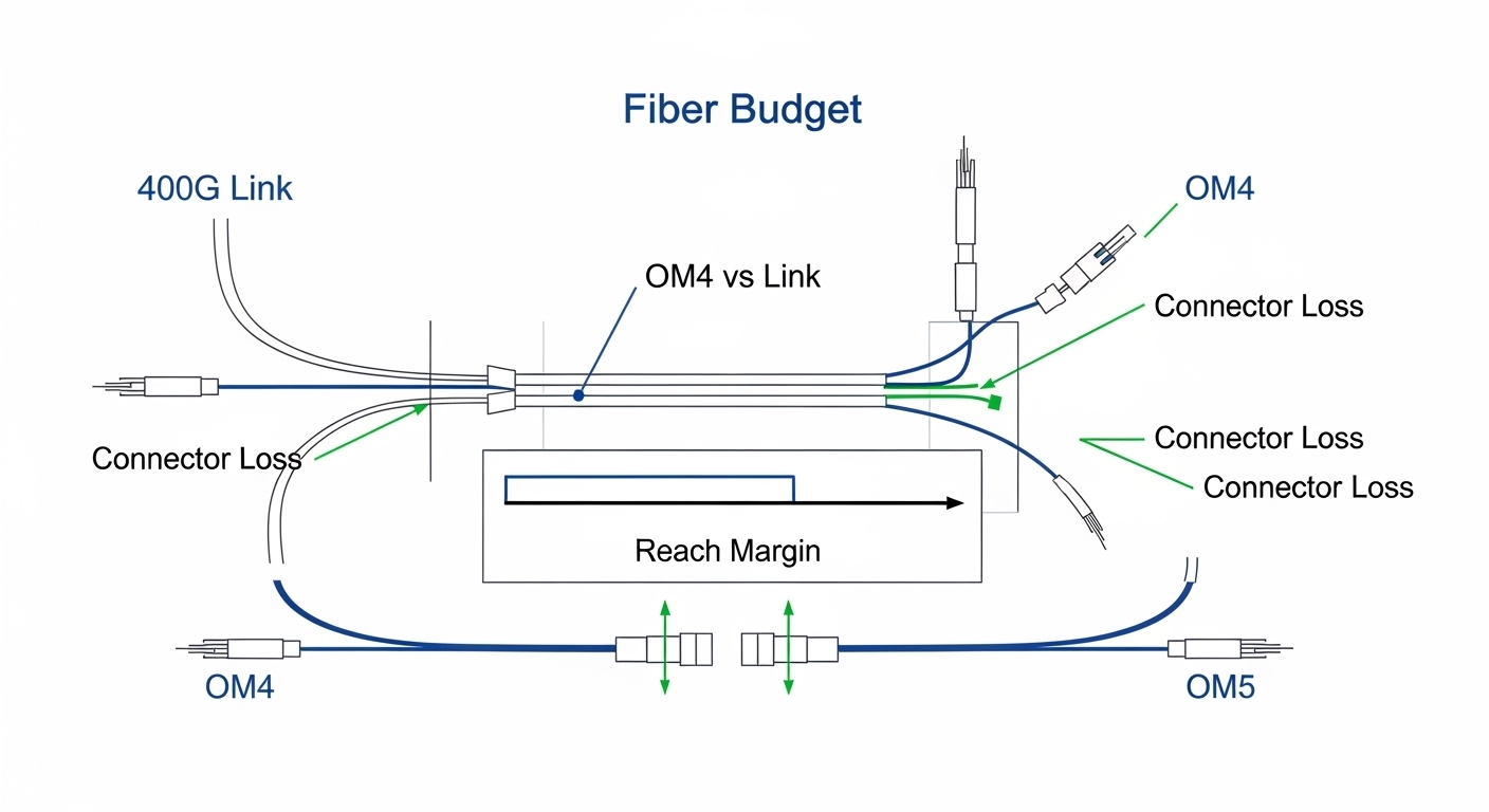 Illustrated fiber budget diagram showing OM4 and OM5 links, patch cords, connector loss, and a labeled reach margin bar for a