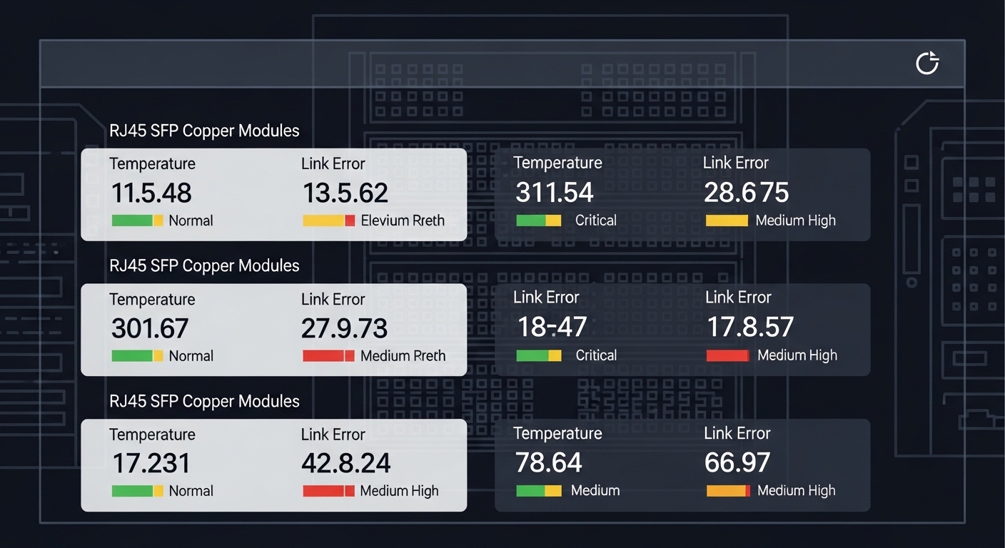 Illustration style diagram of a network monitoring dashboard showing temperature and link error counters for multiple RJ45 SF