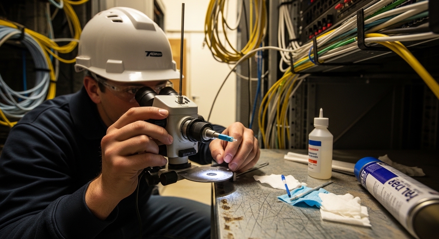 Realistic lifestyle scene in a small network closet at a school campus, a field engineer using a fiber inspection microscope 
